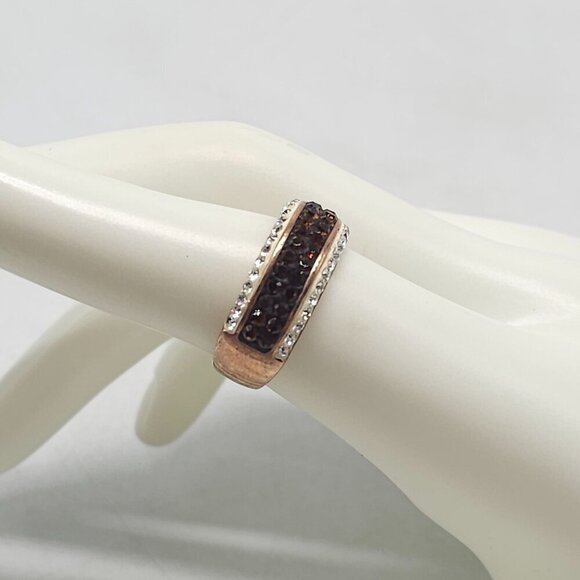 Gold Plated Ring Brown Clear Crystal Accents Size 7 Elegant Sparkling Design - Picture 2 of 5